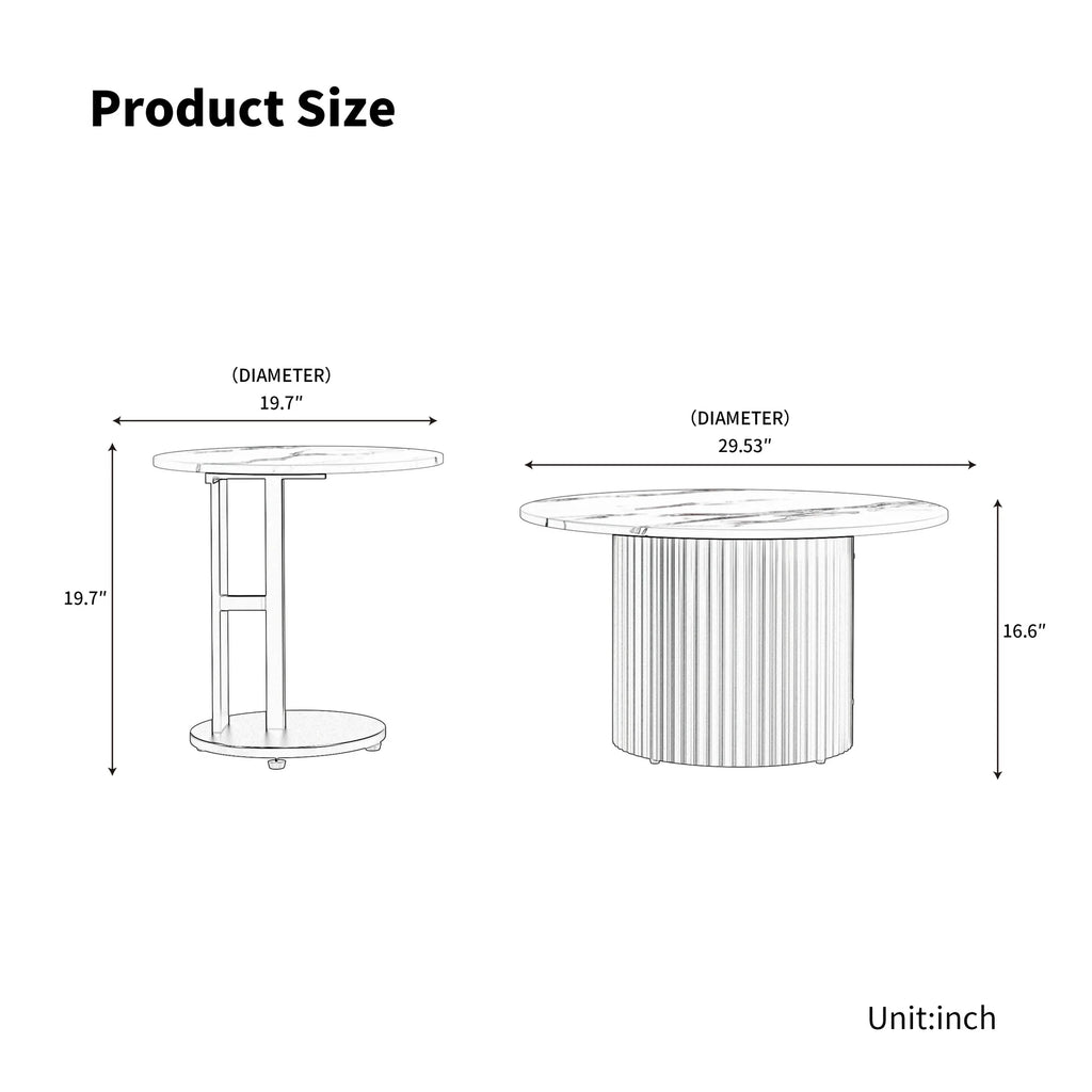 Coffee Table Set of 3, Modern Nesting Coffee Tables with Faux Marble Top and Metal Legs, Round Coffee & Side Tables with Ribbed
