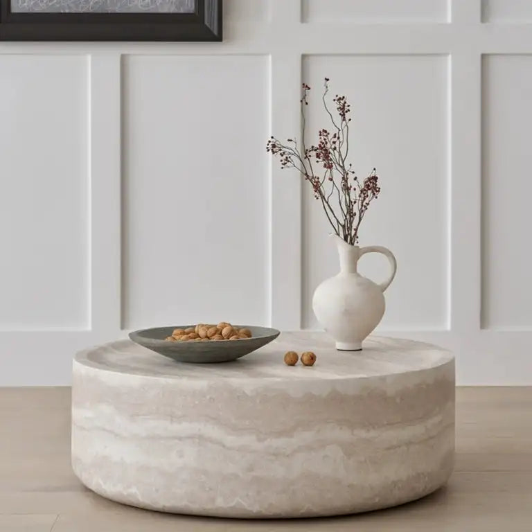 Modern Faux MARS Pattern Round Coffee Table with Storage for Living Room Faux Travertine Textured Design No Assembly Needed