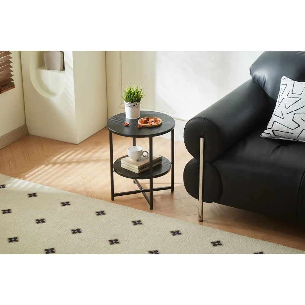 Modern Black 2 Tier End Table With Storage Shelf Metal Frame Wood Top Coffee Table For Living Room Bedroom Home Furniture