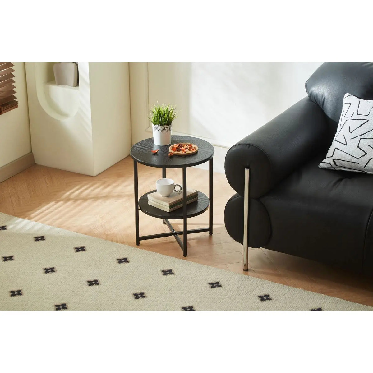 Modern Black 2 Tier End Table With Storage Shelf Metal Frame Wood Top Coffee Table For Living Room Bedroom Home Furniture