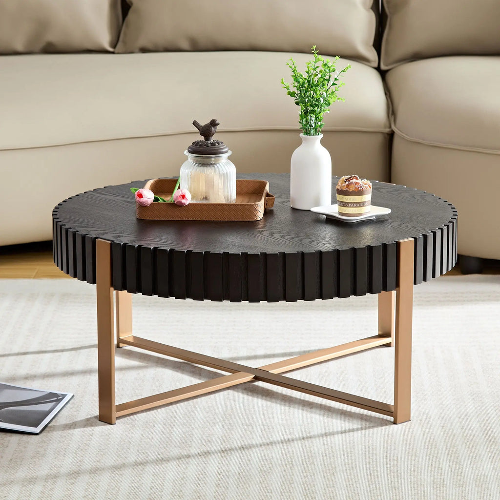 Modern Round Coffee Table 31.5 Inch Matt Black Wood Metal Frame Living Room Furniture