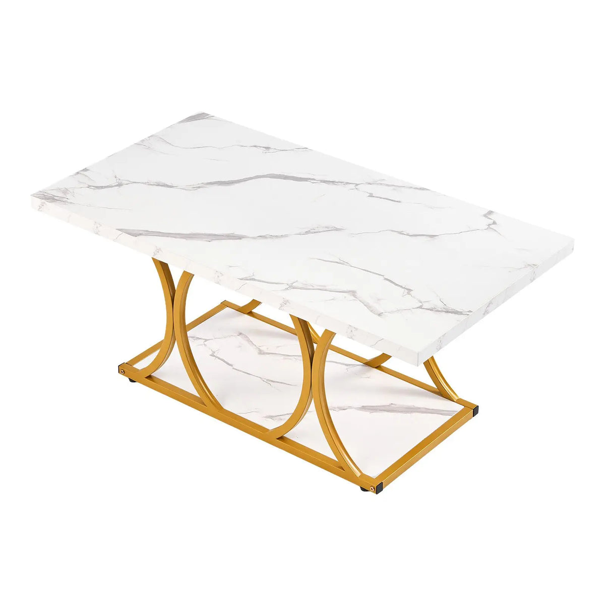 Modern Elegant 2-Tier Rectangle Faux Marble Coffee Table with Geometric Metal Legs Large Sturdy Center Desk