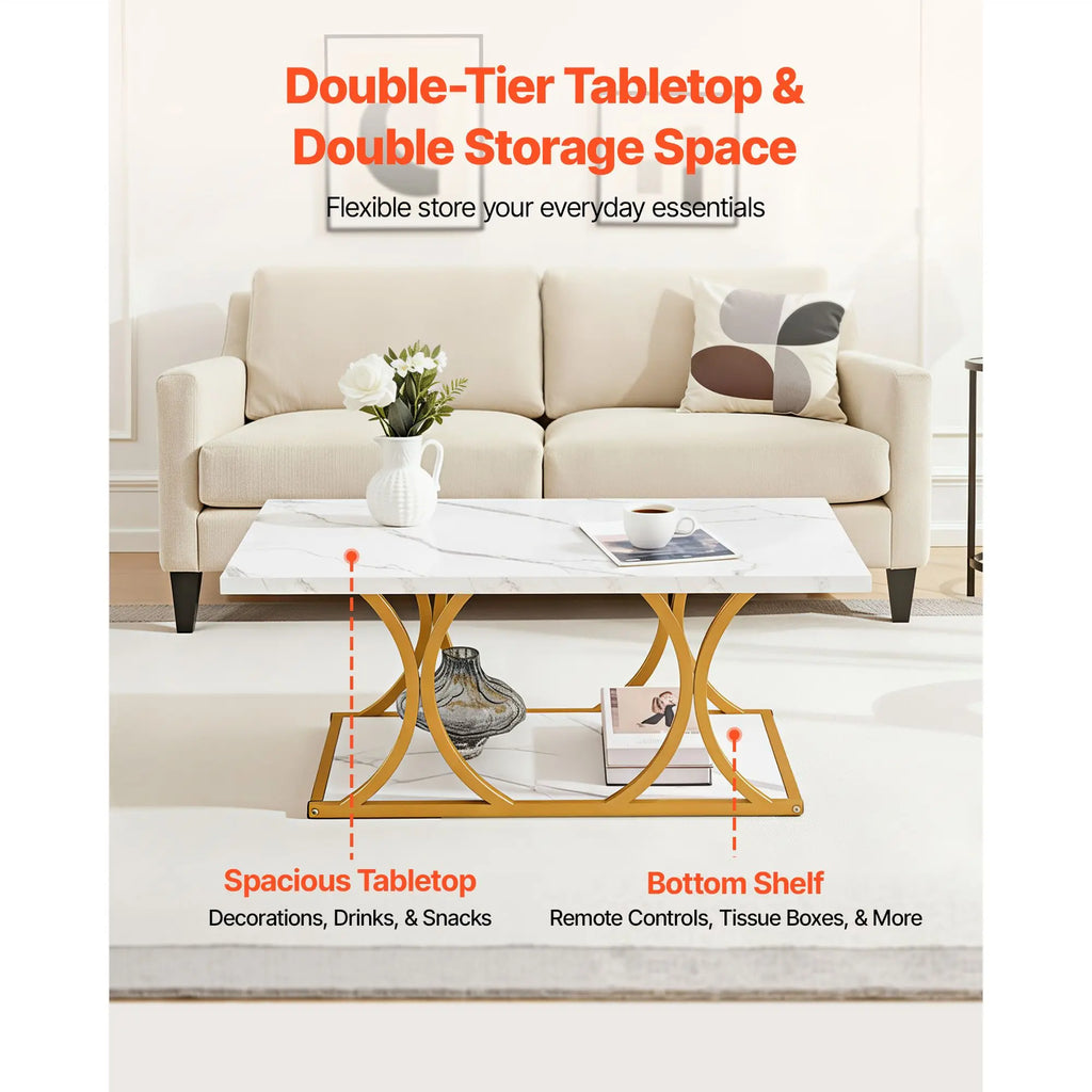 Modern Elegant 2-Tier Rectangle Faux Marble Coffee Table with Geometric Metal Legs Large Sturdy Center Desk