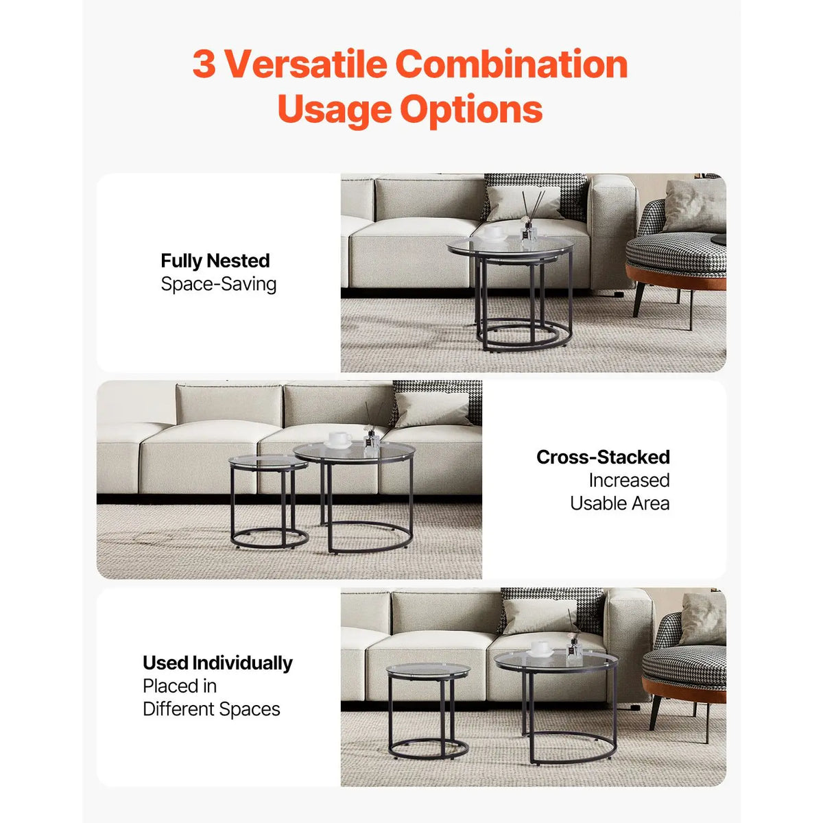 Modern Nesting Coffee Table Set of 2 23.6 in Glass Tea Tables for Small Spaces Elegant End Side Night Stand