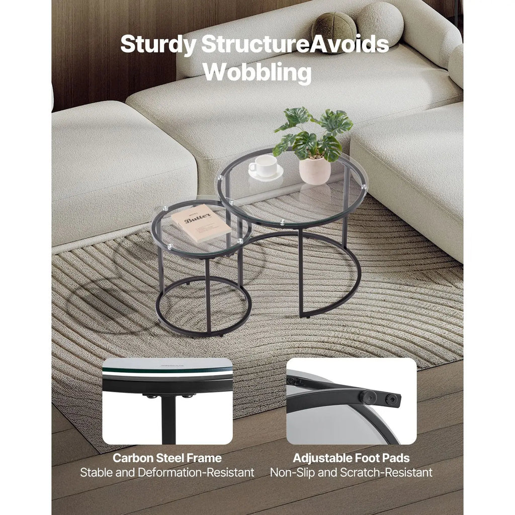 Modern Nesting Coffee Table Set of 2 23.6 in Glass Tea Tables for Small Spaces Elegant End Side Night Stand