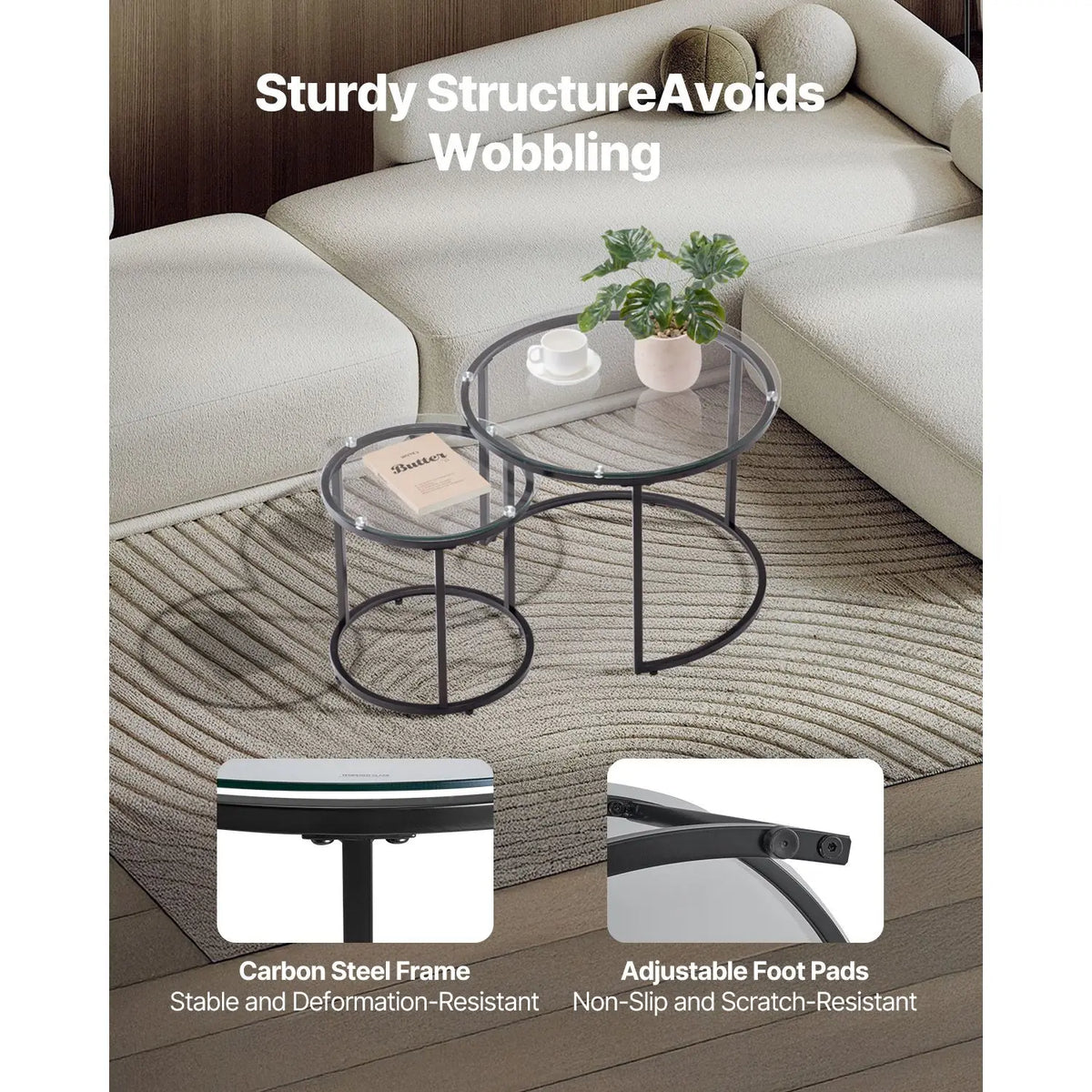 Modern Nesting Coffee Table Set of 2 23.6 in Glass Tea Tables for Small Spaces Elegant End Side Night Stand