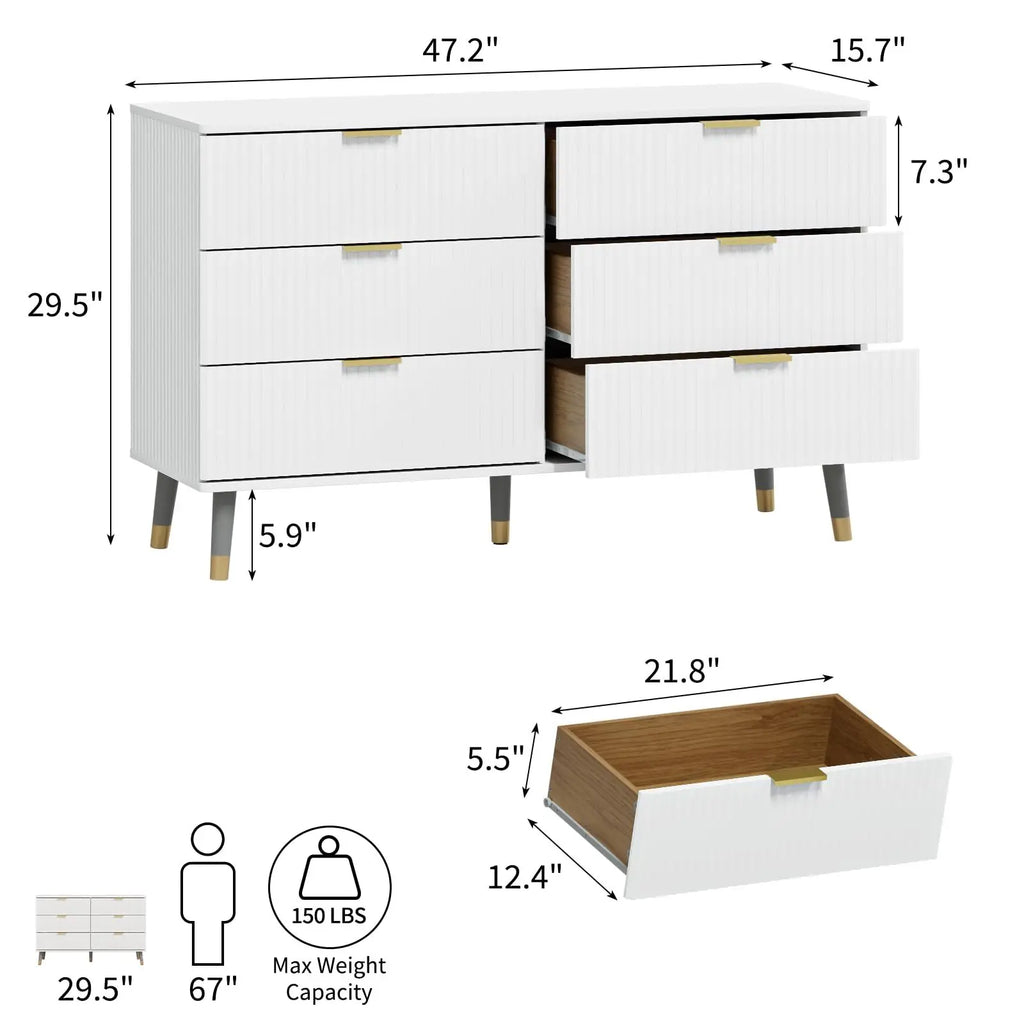 Tapered Leg Fluted Six-Drawer Dresser