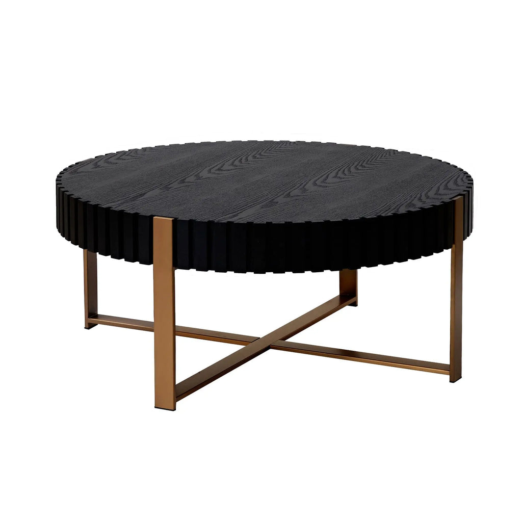 Modern Round Coffee Table 31.5 Inch Matt Black Wood Metal Frame Living Room Furniture