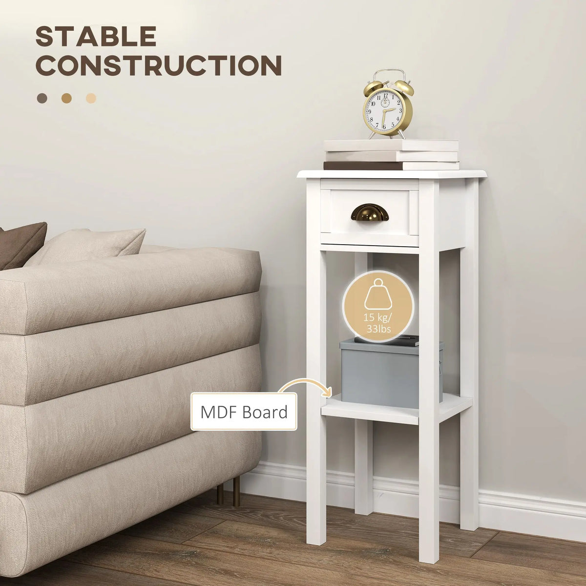 2-Tier White Console Tables Set of 2 2-Piece End Tables with Drawer and Shelf for Living Room and Hallway