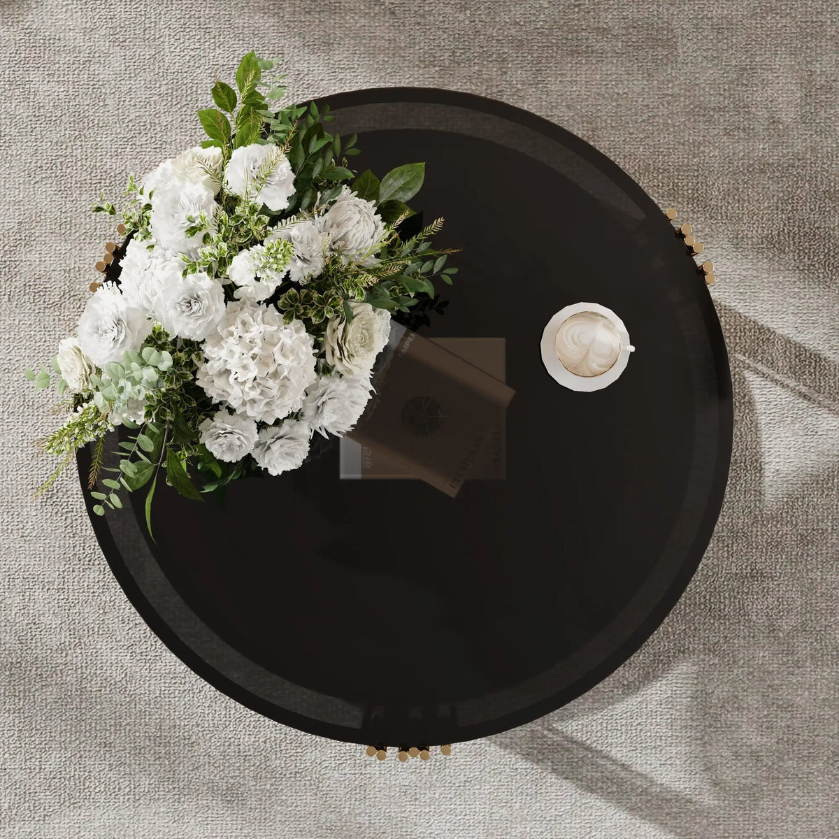 Modern Asymmetrical Metal Coffee Table with Black Mirror Top and Gold Finish Circular Drum Base with Lower Shelf