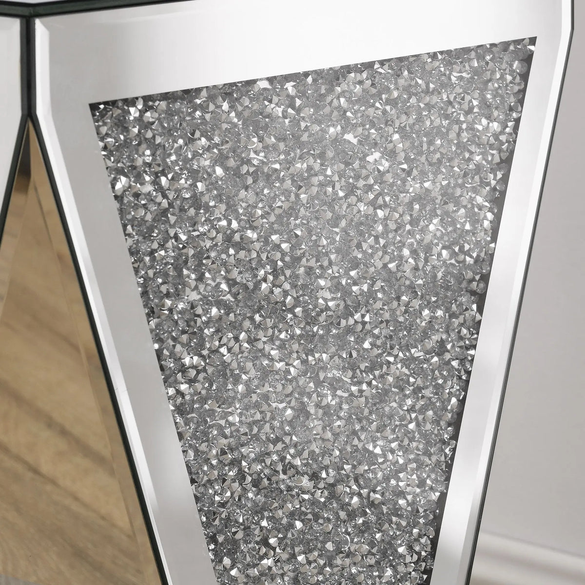Inverted Triangular Silver Glass Console Table with Square Crystal Diamond Inlay for Corridors and L-Shaped Areas