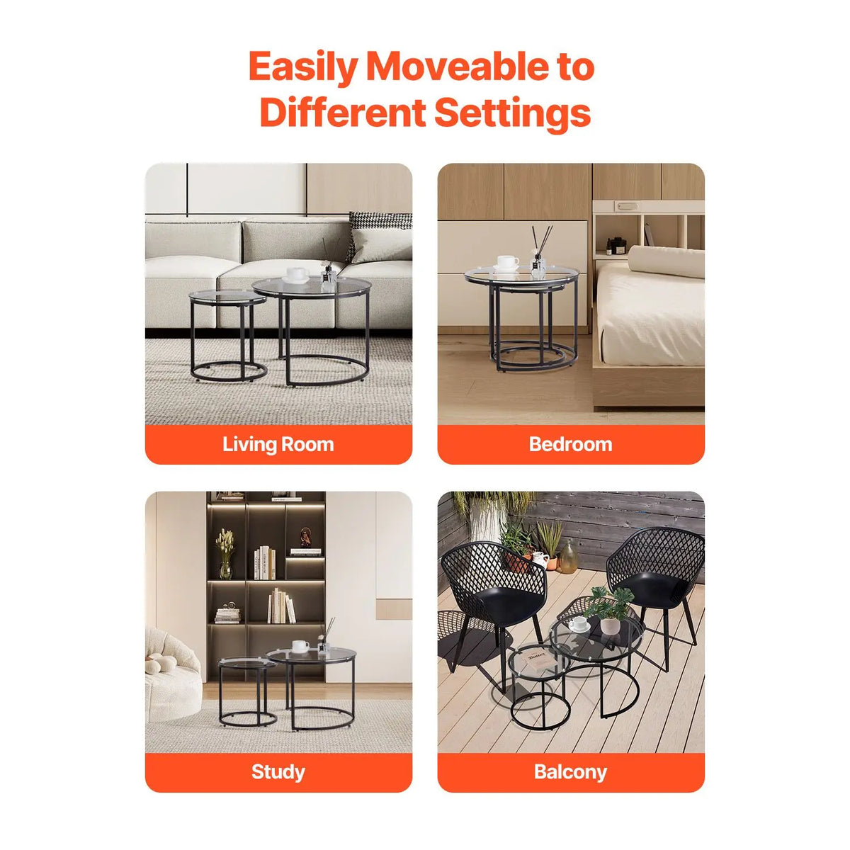 Modern Nesting Coffee Table Set of 2 23.6 in Glass Tea Tables for Small Spaces Elegant End Side Night Stand