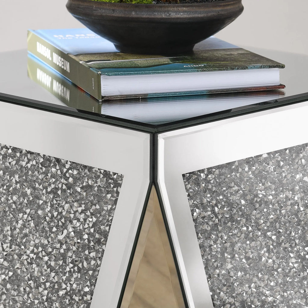 Inverted Triangular Silver Glass Console Table with Square Crystal Diamond Inlay for Corridors and L-Shaped Areas