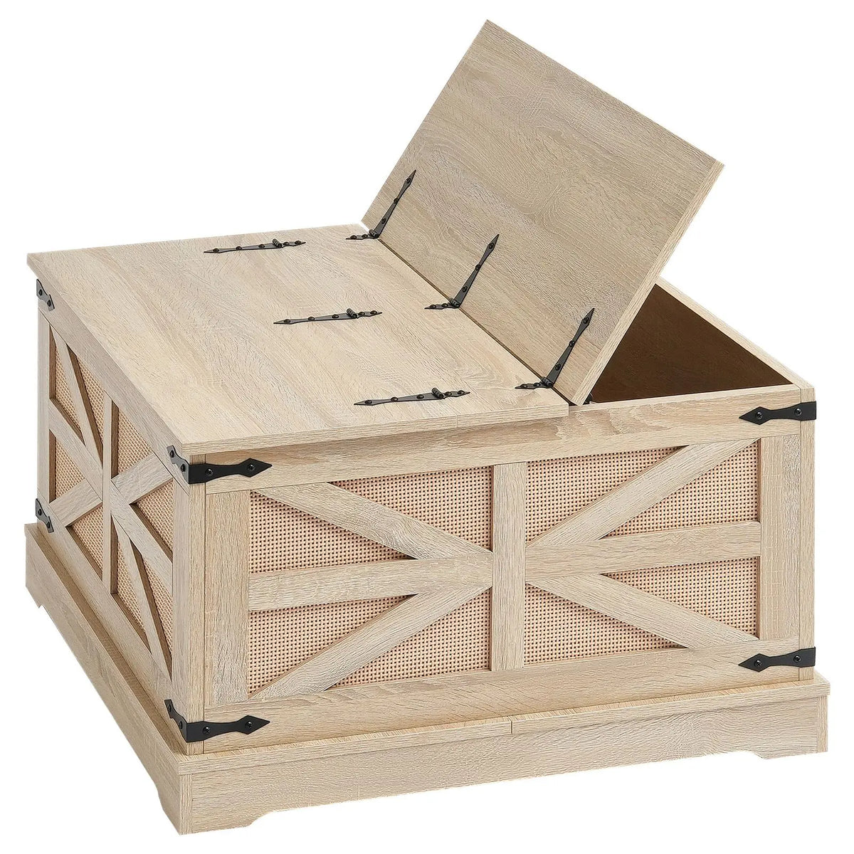 "Modern Boho Style 32 Inch Rattan Woven Wood Rectangle Coffee Table with MDF Top & Storage"