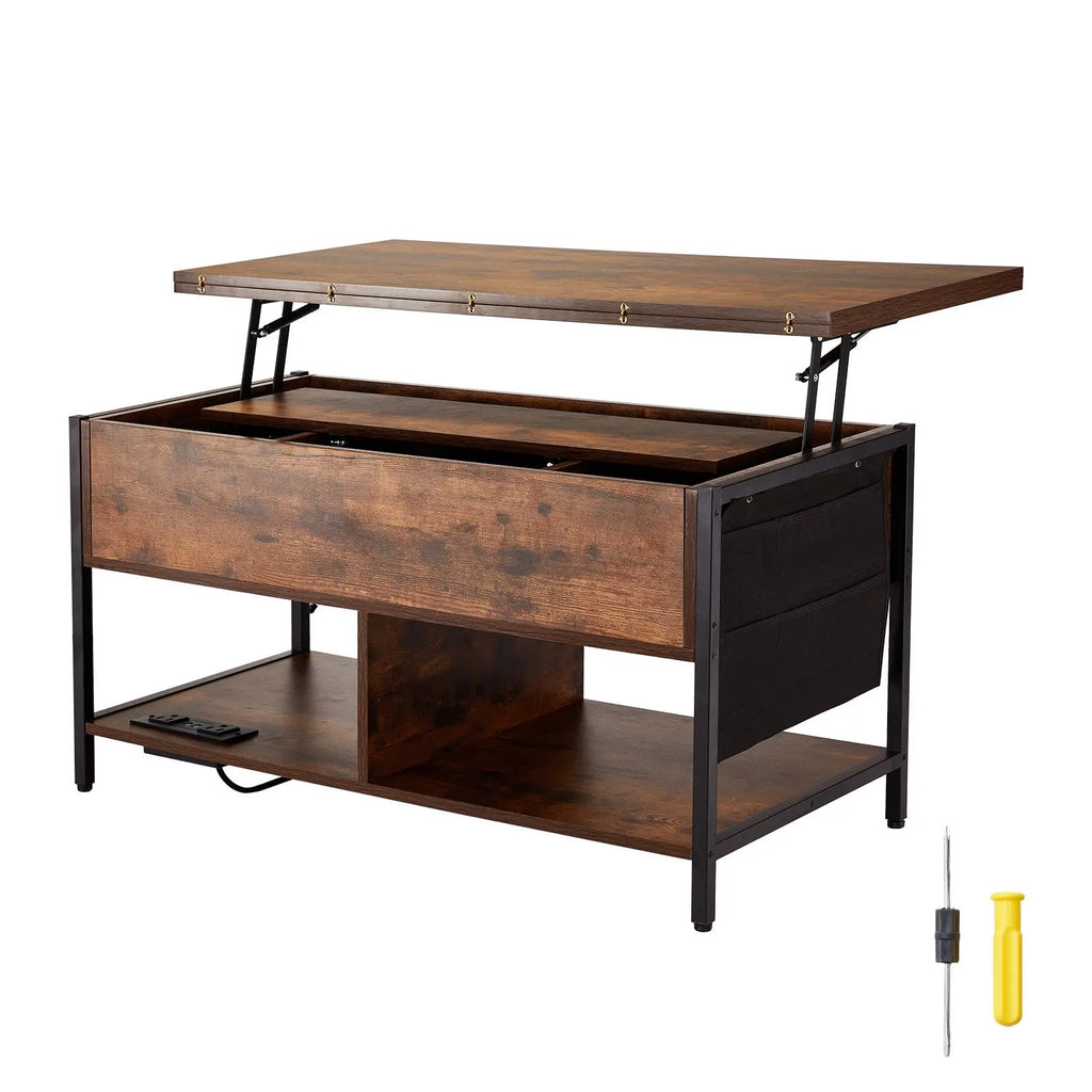 39.4-Inch Rectangle Lift Top Coffee Table with Extra Storage Pockets and Flipable Power Strip End Table with US Power Access