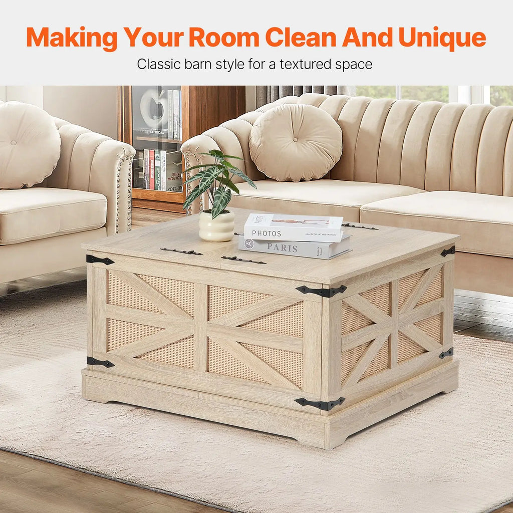 "Modern Boho Style 32 Inch Rattan Woven Wood Rectangle Coffee Table with MDF Top & Storage"