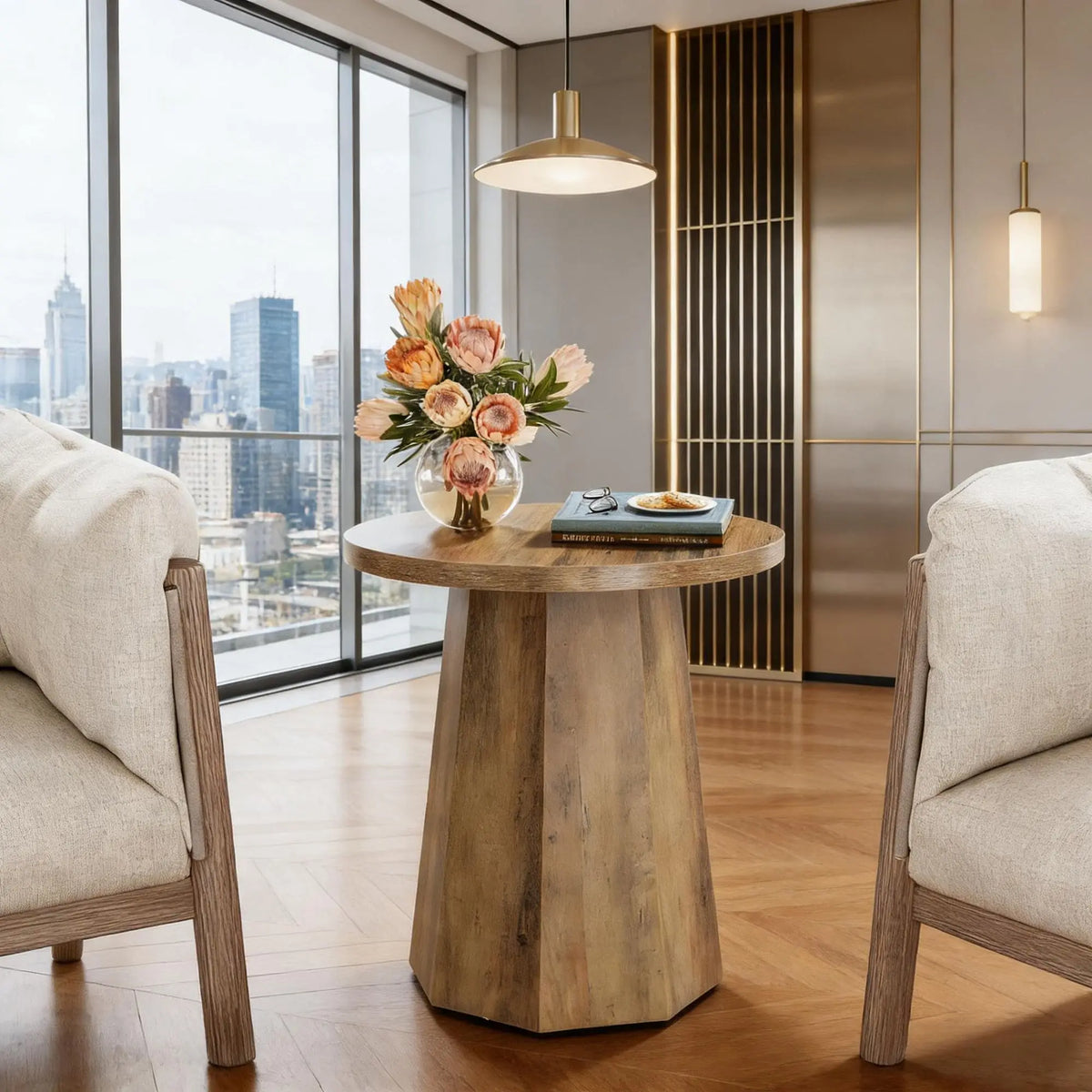Round Wooden Couch Side Table with Octagonal Base As Nightstand or End Table