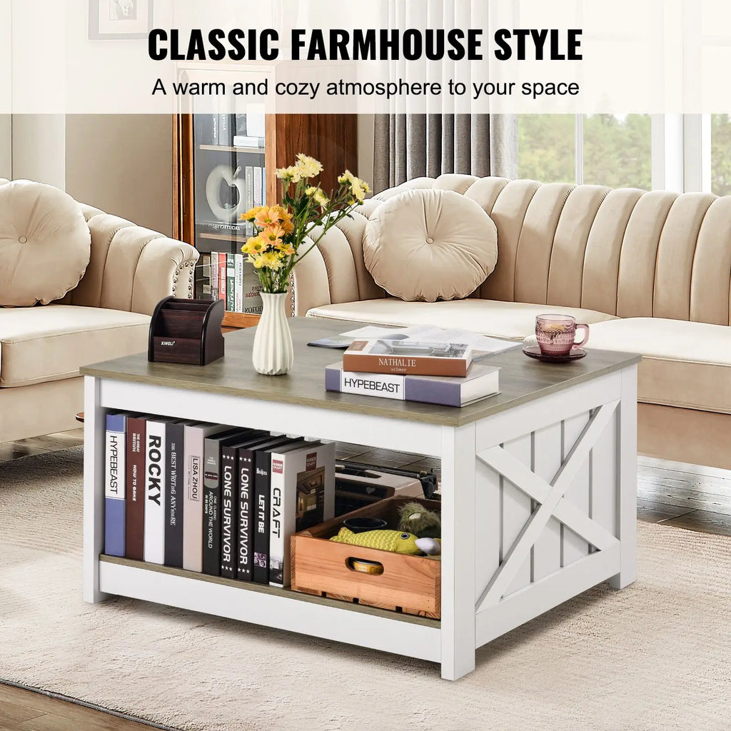 31.5\" Rustic Wooden Farmhouse Coffee Table with Open Storage Compartment Square Cocktail Side Table for Living Room