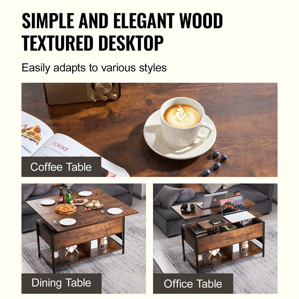 39.4-Inch Rectangle Lift Top Coffee Table with Extra Storage Pockets and Flipable Power Strip End Table with US Power Access