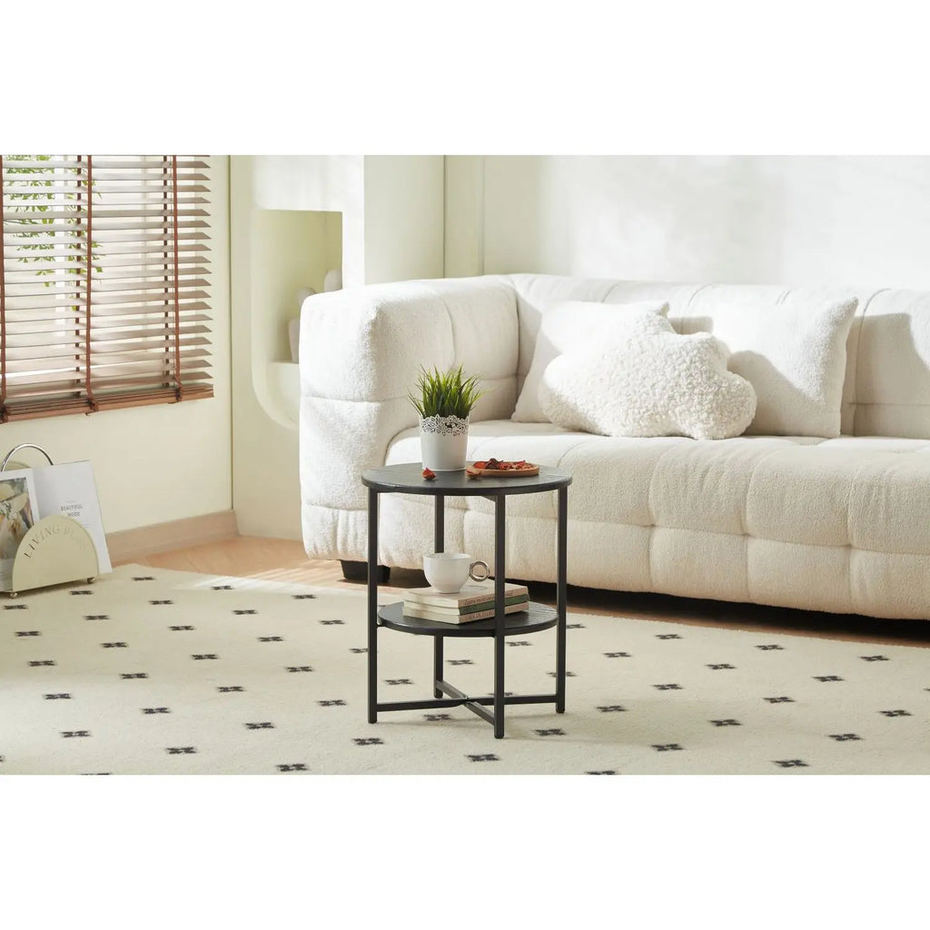 Modern Black 2 Tier End Table With Storage Shelf Metal Frame Wood Top Coffee Table For Living Room Bedroom Home Furniture