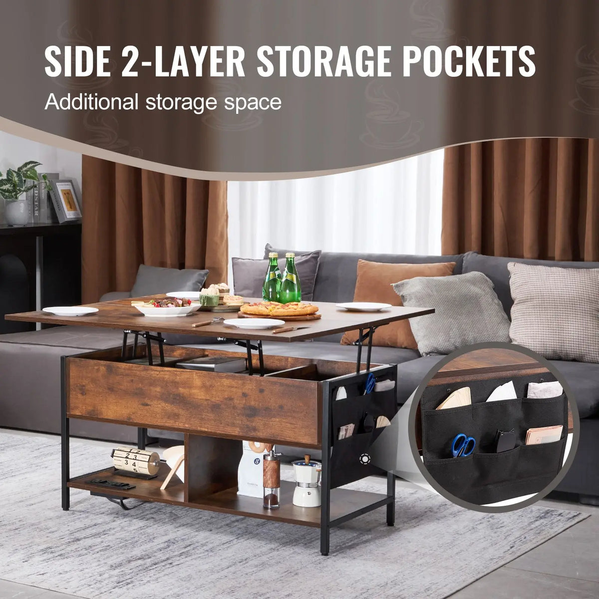 39.4-Inch Rectangle Lift Top Coffee Table with Extra Storage Pockets and Flipable Power Strip End Table with US Power Access