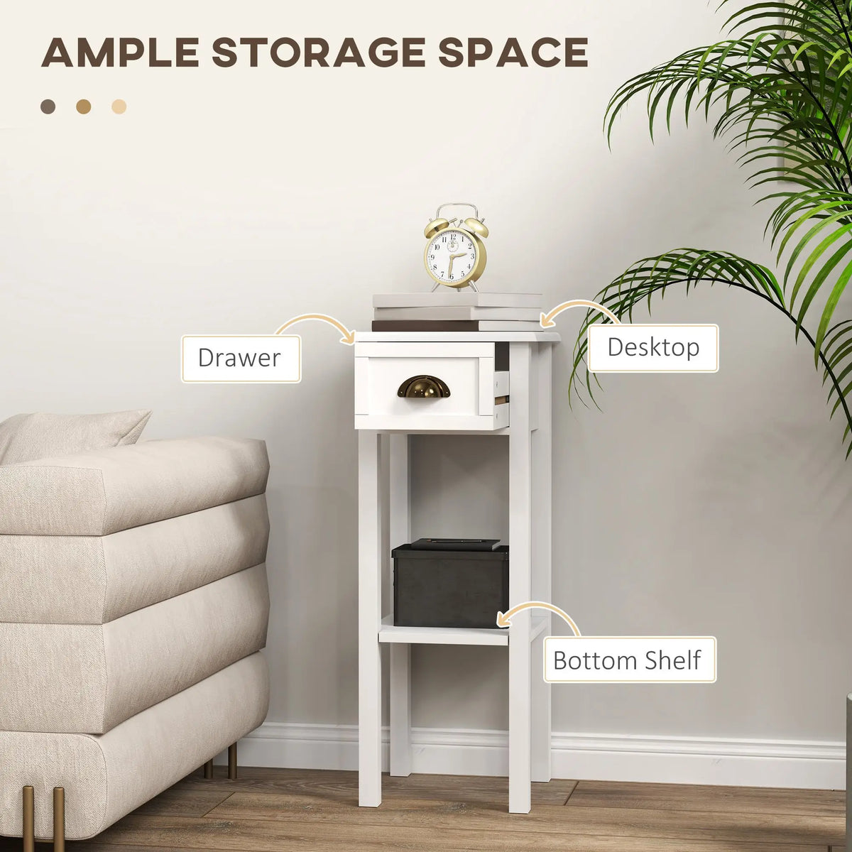 2-Tier White Console Tables Set of 2 2-Piece End Tables with Drawer and Shelf for Living Room and Hallway