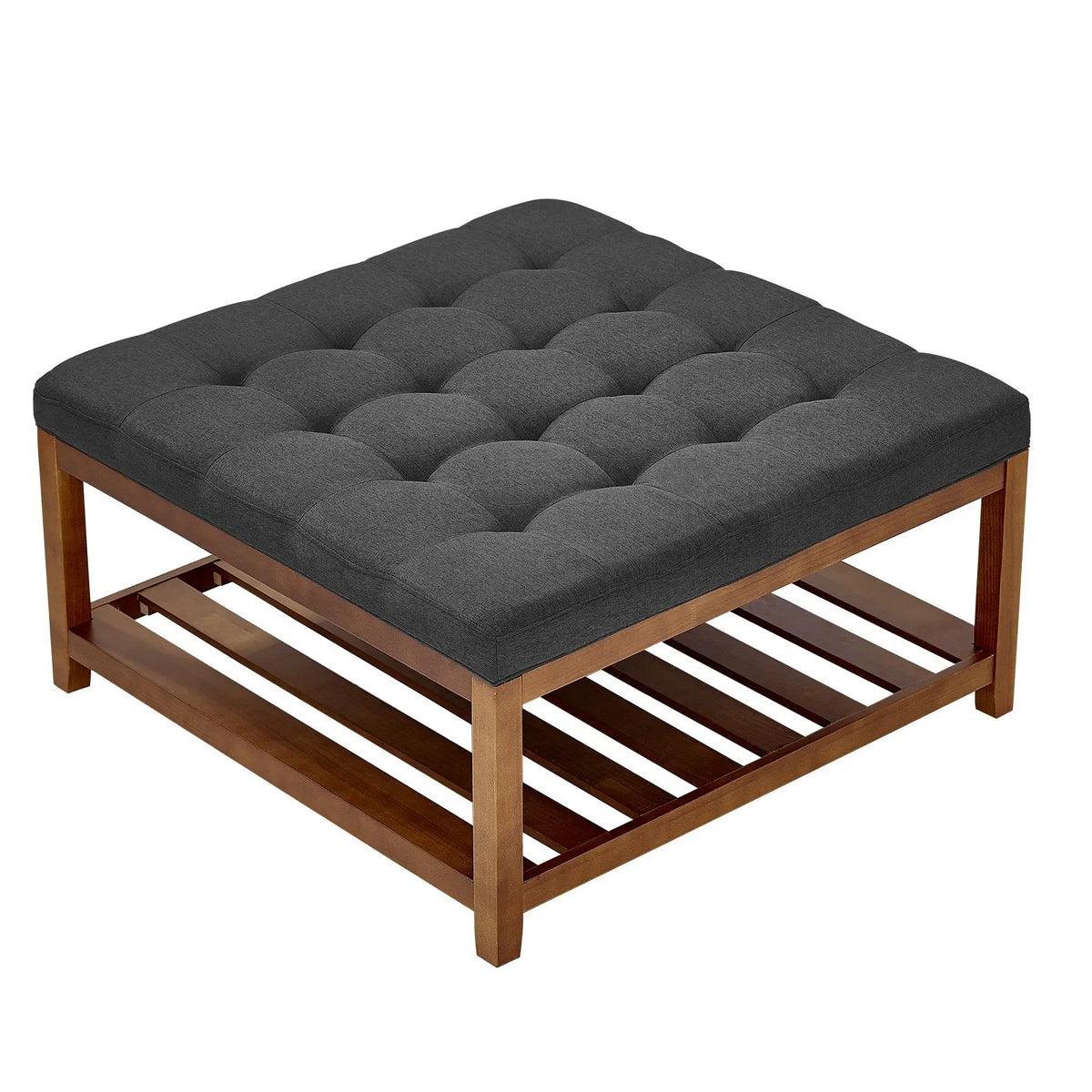 Modern 34.5 Inch Tufted Coffee Table Ottoman Solid Wood with Upholstered Footrest and Shelf Storage Large Square Design