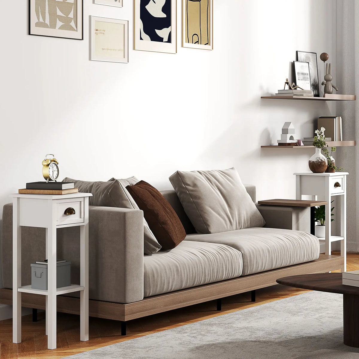 2-Tier White Console Tables Set of 2 2-Piece End Tables with Drawer and Shelf for Living Room and Hallway