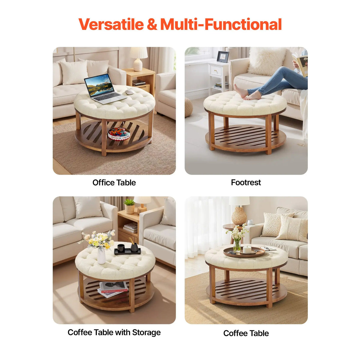 31.9 Inch Large Ottoman Coffee Table with Lift Top Tufted Solid Wood Shelf Storage and Linen Upholstered Footrest