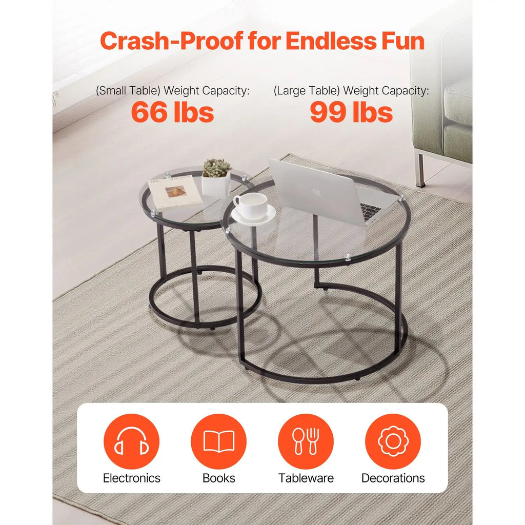 Modern Nesting Coffee Table Set of 2 23.6 in Glass Tea Tables for Small Spaces Elegant End Side Night Stand