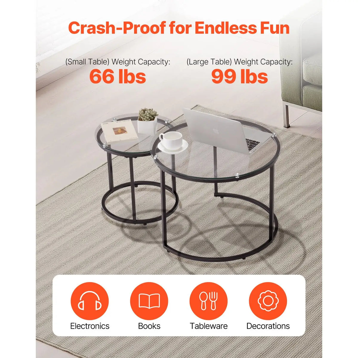 Modern Nesting Coffee Table Set of 2 23.6 in Glass Tea Tables for Small Spaces Elegant End Side Night Stand