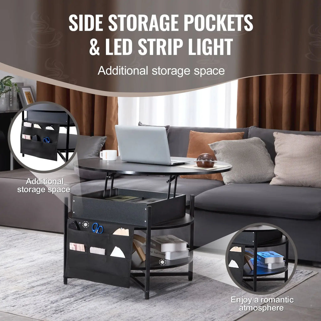 Black 35.3 in Round Lift Top Coffee Table with Extra Storage Pockets Pop up Combination for Living Room