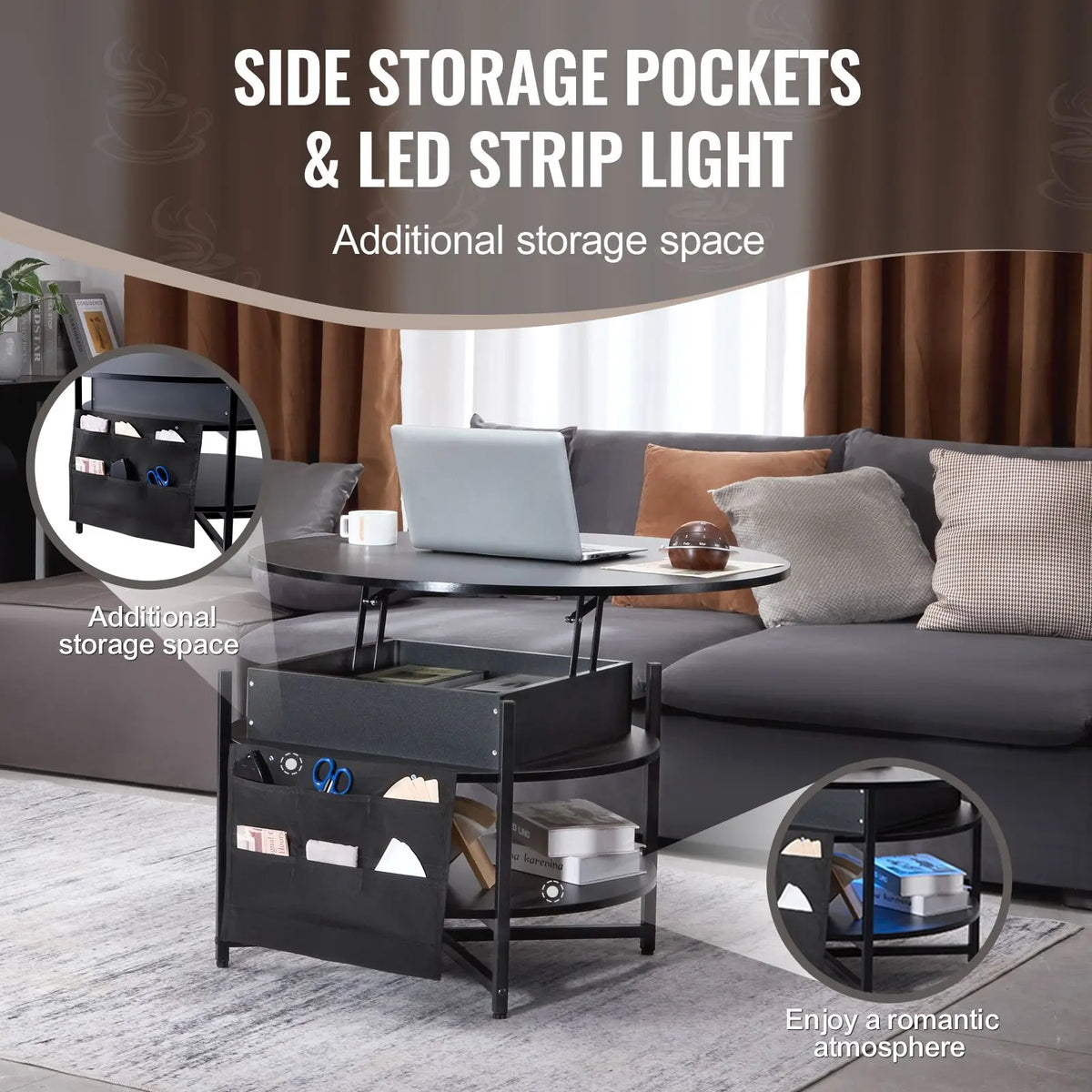 Black 35.3 in Round Lift Top Coffee Table with Extra Storage Pockets Pop up Combination for Living Room