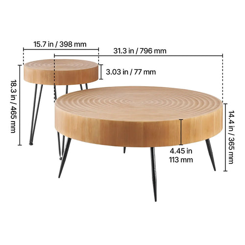 "Handmade Industrial Round Coffee Table Set of 2 31.3 in Easy Assembly Side & End Tables"