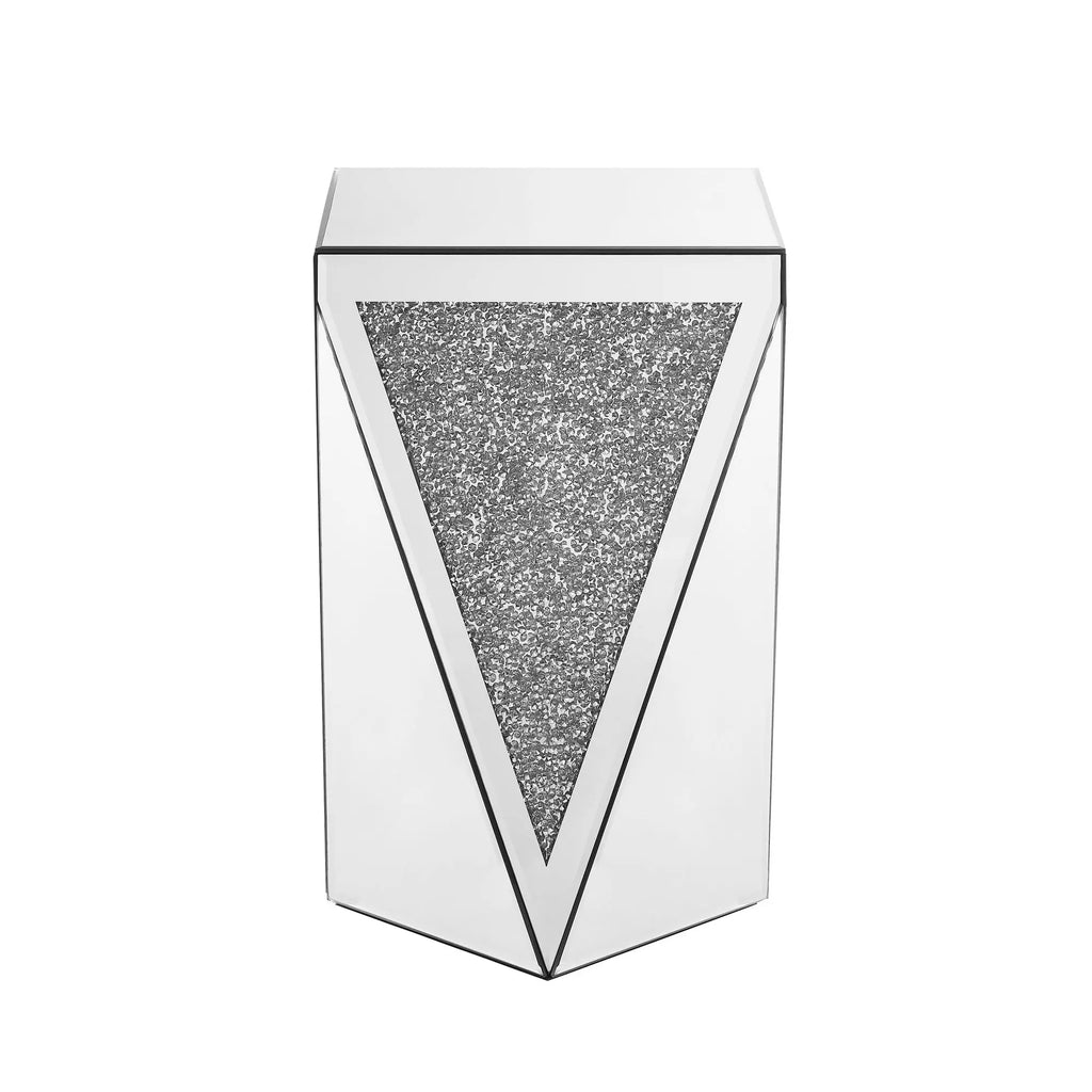 Inverted Triangular Silver Glass Console Table with Square Crystal Diamond Inlay for Corridors and L-Shaped Areas