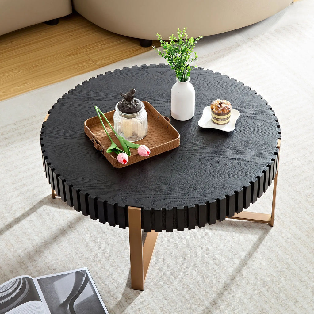 Modern Round Coffee Table 31.5 Inch Matt Black Wood Metal Frame Living Room Furniture