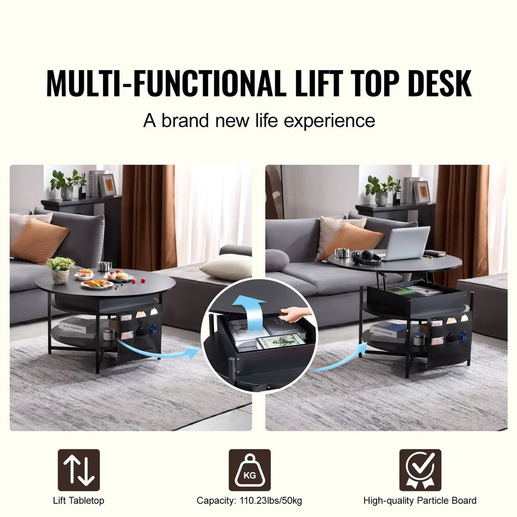 Black 35.3 in Round Lift Top Coffee Table with Extra Storage Pockets Pop up Combination for Living Room