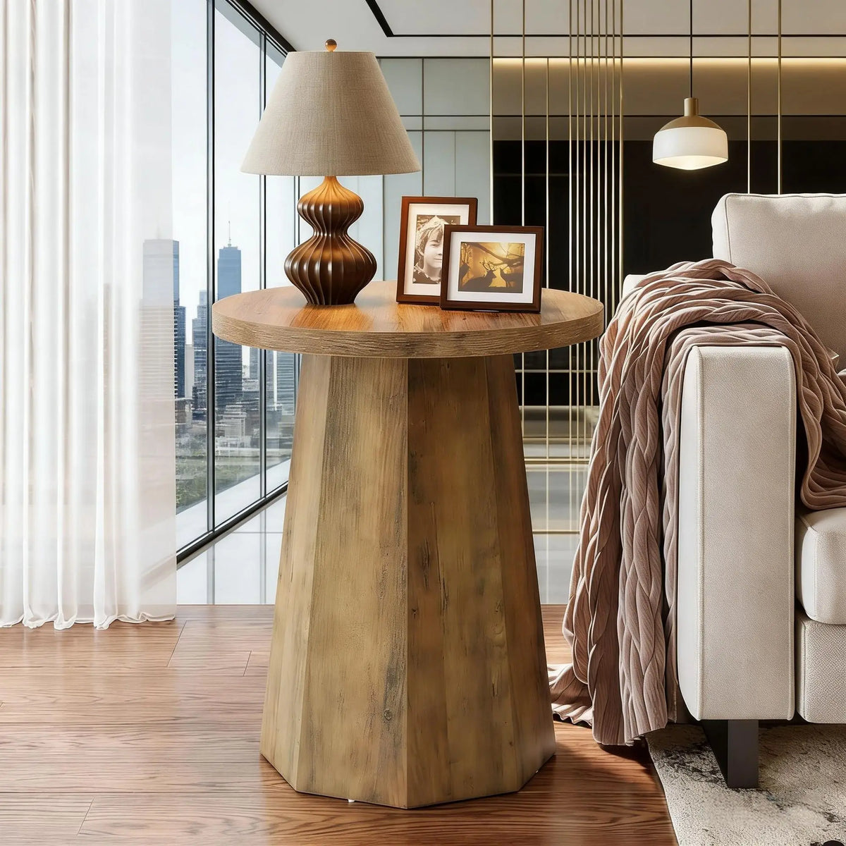 Round Wooden Couch Side Table with Octagonal Base As Nightstand or End Table