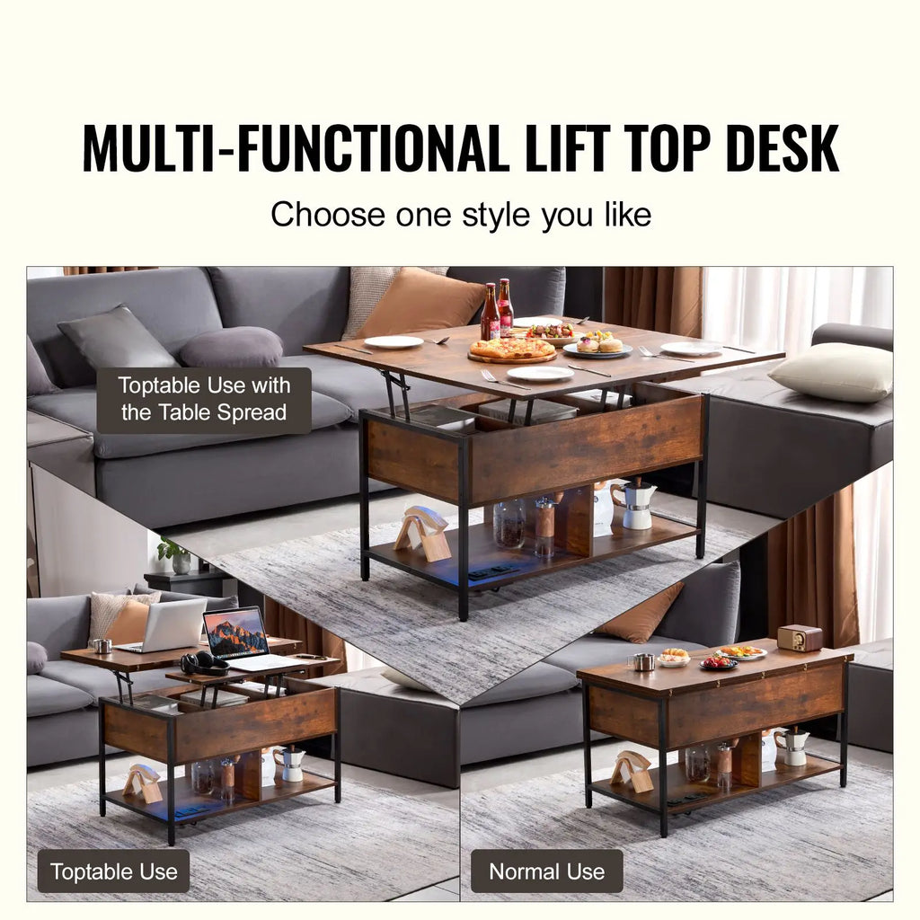39.4-Inch Rectangle Lift Top Coffee Table with Extra Storage Pockets and Flipable Power Strip End Table with US Power Access