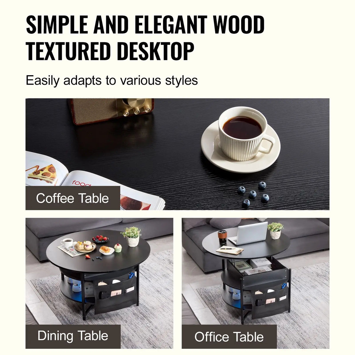 Black 35.3 in Round Lift Top Coffee Table with Extra Storage Pockets Pop up Combination for Living Room