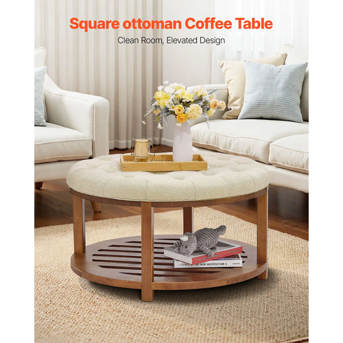 31.9 Inch Large Ottoman Coffee Table with Lift Top Tufted Solid Wood Shelf Storage and Linen Upholstered Footrest