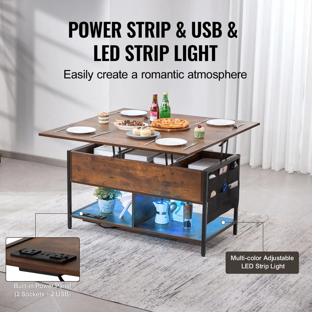 39.4-Inch Rectangle Lift Top Coffee Table with Extra Storage Pockets and Flipable Power Strip End Table with US Power Access