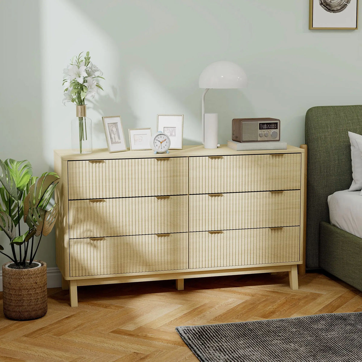 Natural Fluted Six-Drawer Dresser