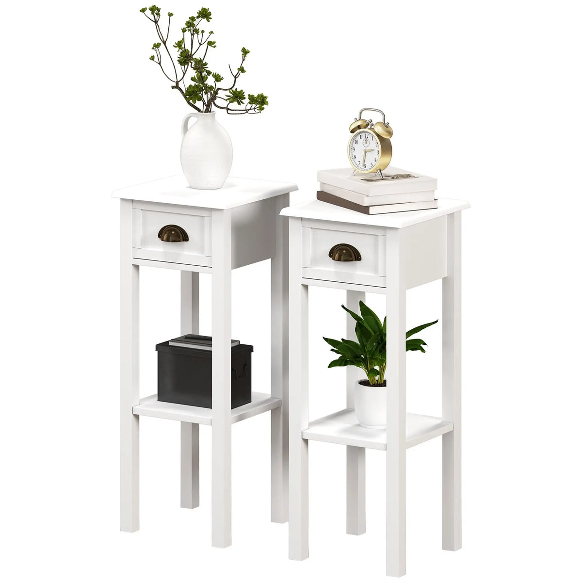 2-Tier White Console Tables Set of 2 2-Piece End Tables with Drawer and Shelf for Living Room and Hallway