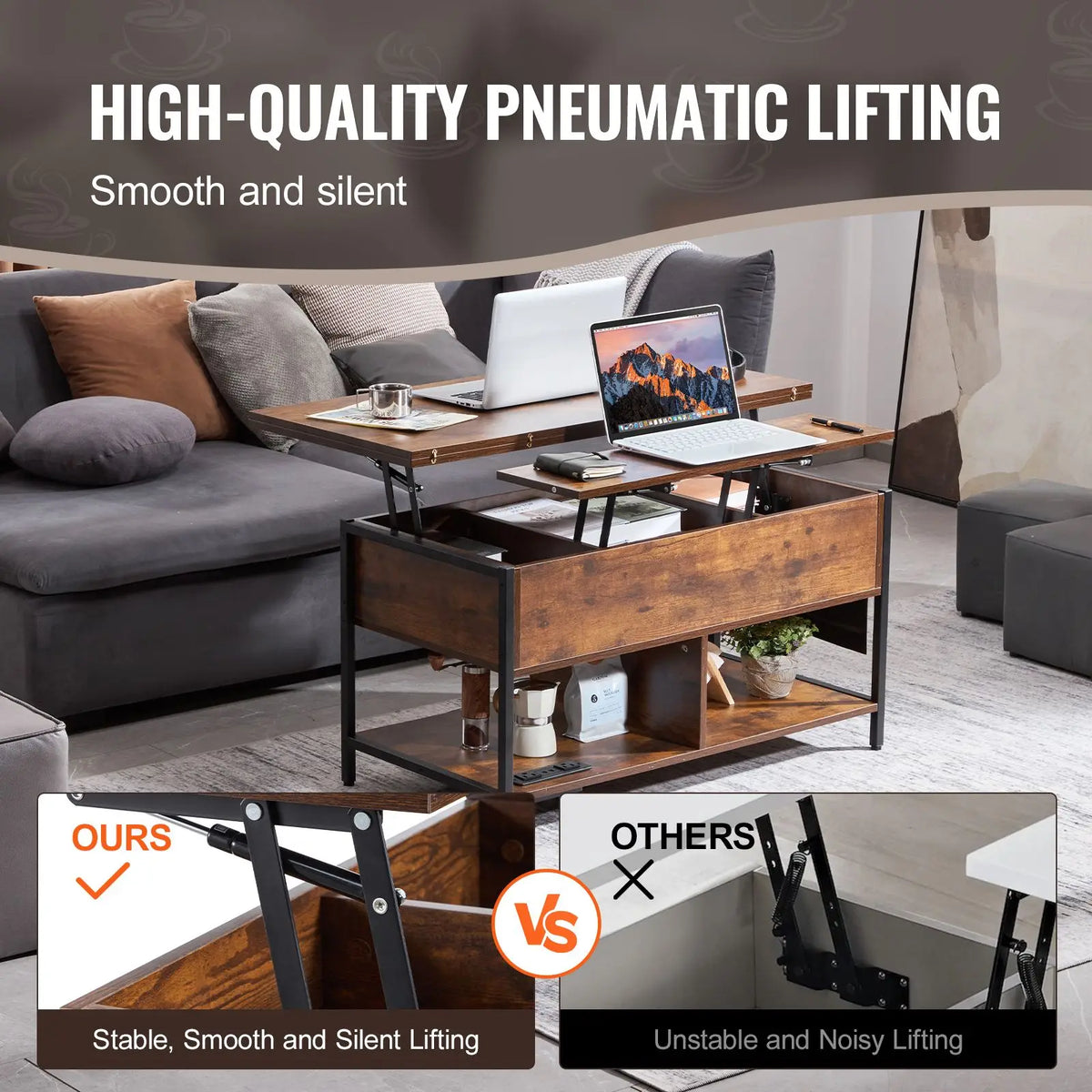 39.4-Inch Rectangle Lift Top Coffee Table with Extra Storage Pockets and Flipable Power Strip End Table with US Power Access