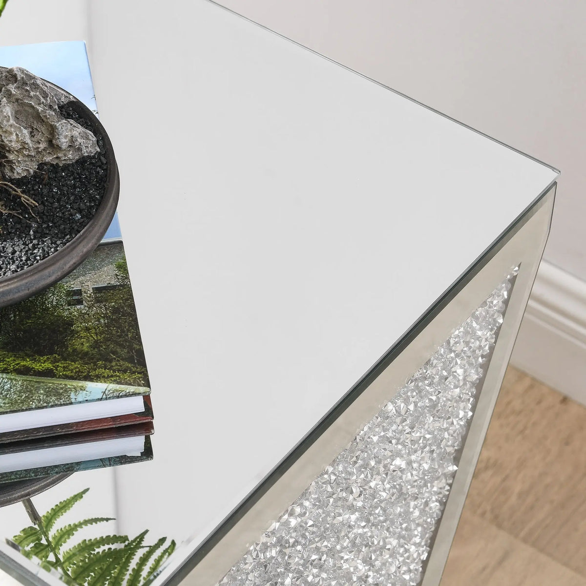Inverted Triangular Silver Glass Console Table with Square Crystal Diamond Inlay for Corridors and L-Shaped Areas