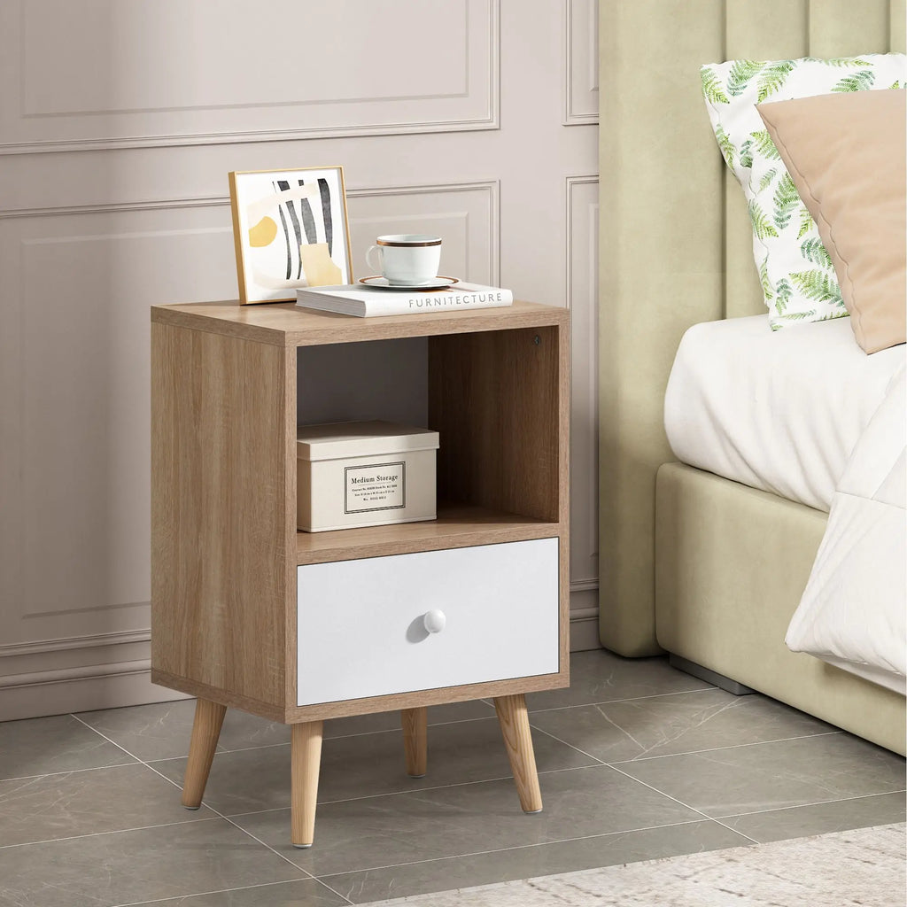 Mid-Century Modern Wood Nightstand Set of 2 Bed Sofa Side Table with Drawer Shelf for Living Room Bedroom or Office