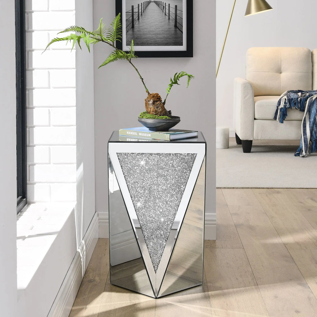 Inverted Triangular Silver Glass Console Table with Square Crystal Diamond Inlay for Corridors and L-Shaped Areas