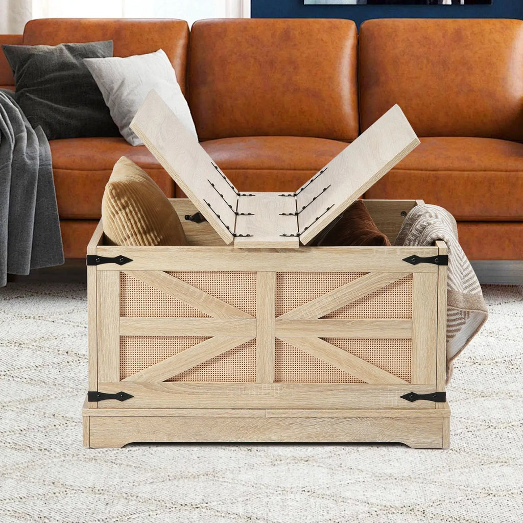 "Modern Boho Style 32 Inch Rattan Woven Wood Rectangle Coffee Table with MDF Top & Storage"