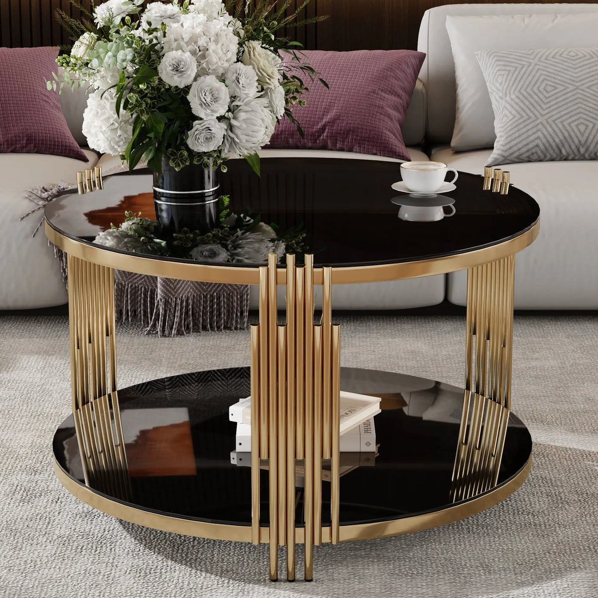 Modern Asymmetrical Metal Coffee Table with Black Mirror Top and Gold Finish Circular Drum Base with Lower Shelf